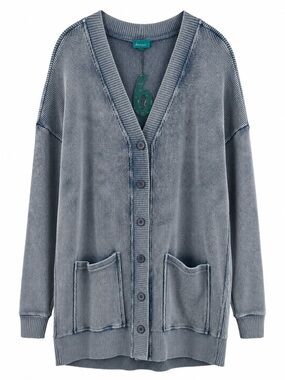 BA6 Oversized Waffle Knit Cardigan Blue Gray Mineral Wash Pocket Sweater NWT L